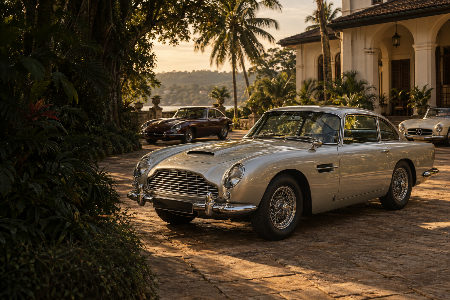 Silver Aston Martin DB5 outside a historic Ceylon manor